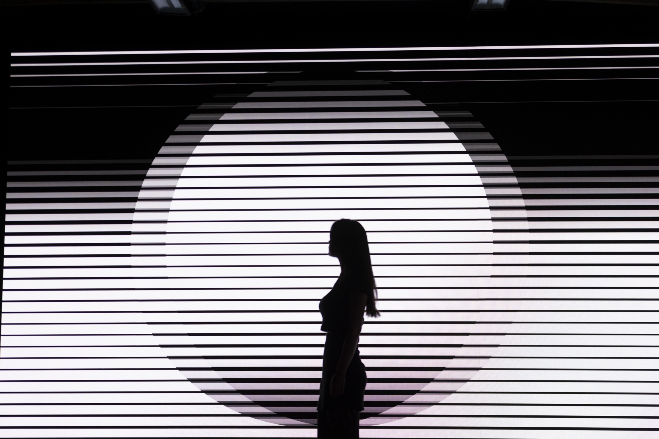 A silhouetted visitor before a circular black and white light installation