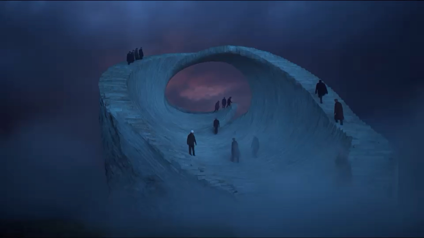 Still from Gurbet showing a blue spiral stair structure in fog